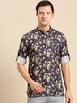 Men’s Navy Blue Floral Printed Pathani Kurta | Ethnic Casual Long Sleeve Kurta
