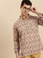 Novasol Men’s Beige Printed Mandarin Collar Casual Kurta Shirt – Full Sleeve Ethnic Wear