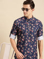Navy Blue Floral Printed Men’s Short Kurta Shirt