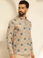 Men’s Premium Printed Mandarin Collar Kurta Shirt – Beige & Blue Ethnic Pattern