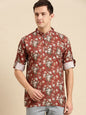 Men’s Red Floral Printed Mandarin Collar Kurta Shirt