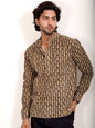 Men’s Beige & Black Vertical Print Mandarin Collar Casual Shirt